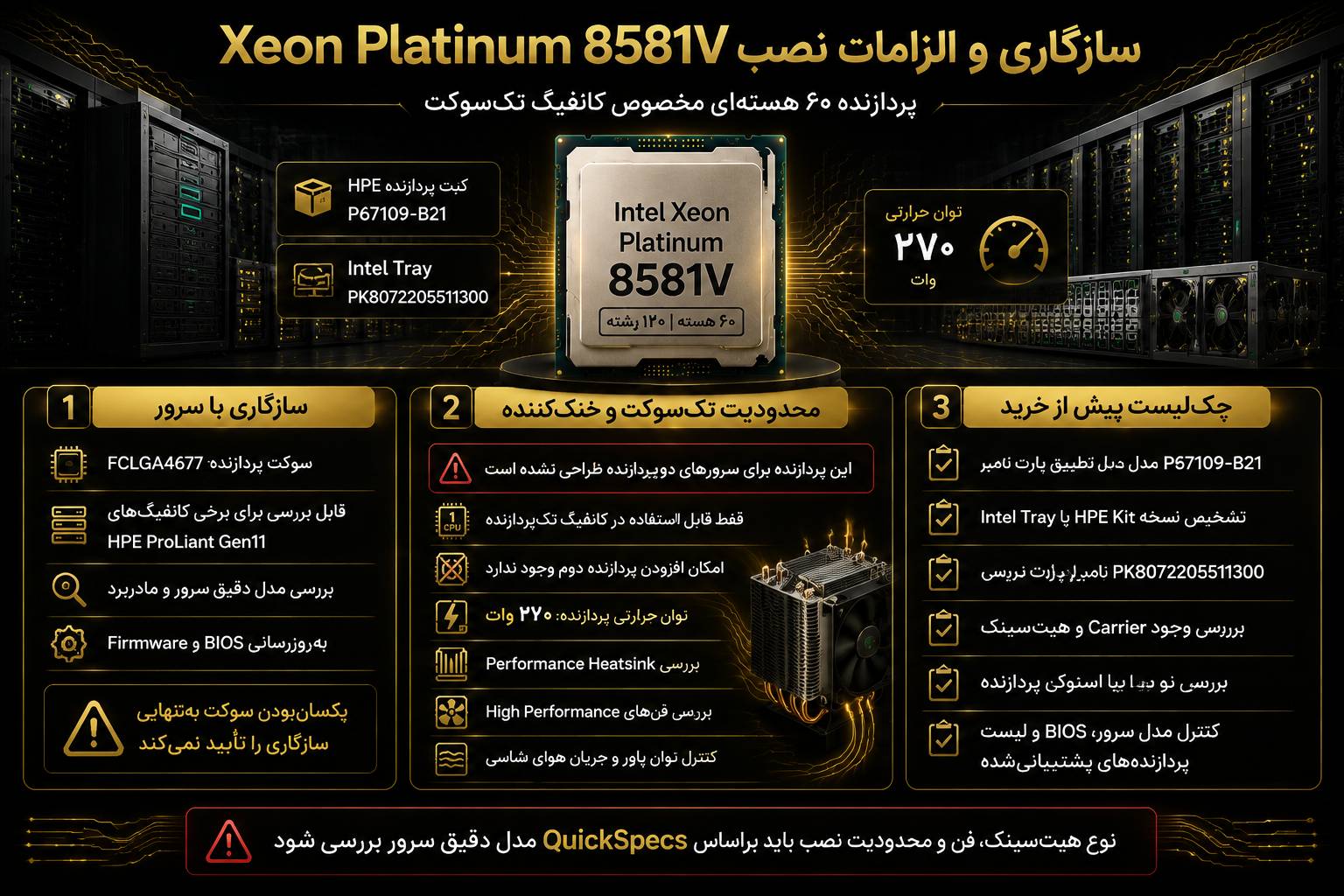 سازگاری سی پی یو سرور Intel Xeon Platinum 8581V 2.00GHz 300MB 270W با سرورهای HPE