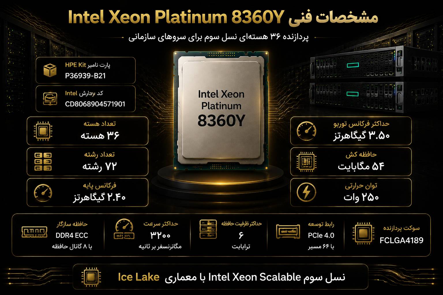 جدول مشخصات فنی سی پی یو سرور Intel Xeon-Platinum 8360Y 2.4GHz 36-core 250W