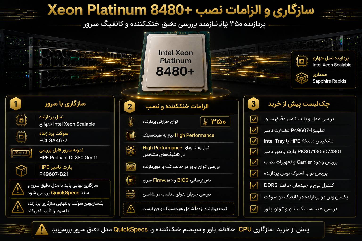 سازگاری سی پی یو سرور Intel Xeon-Platinum 8480+ 2.0GHz 56-core 350W با سرورهای HPE