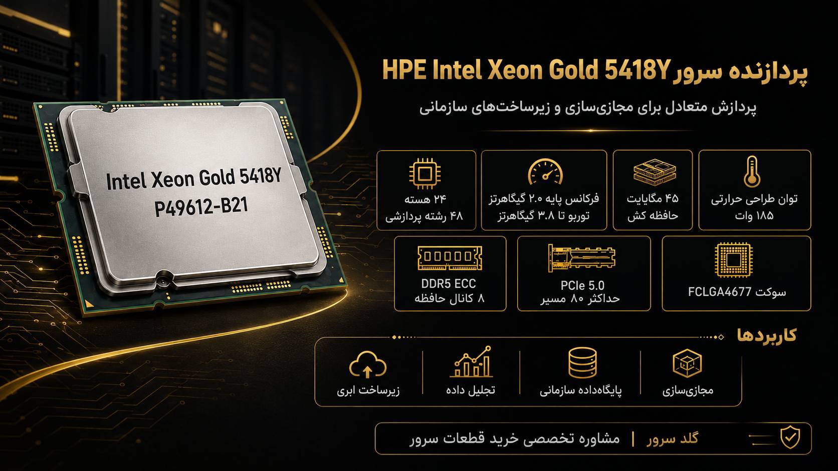 سی پی یو سرور HPE Intel Xeon Gold 5418Y 2.0GHz 24core 185W