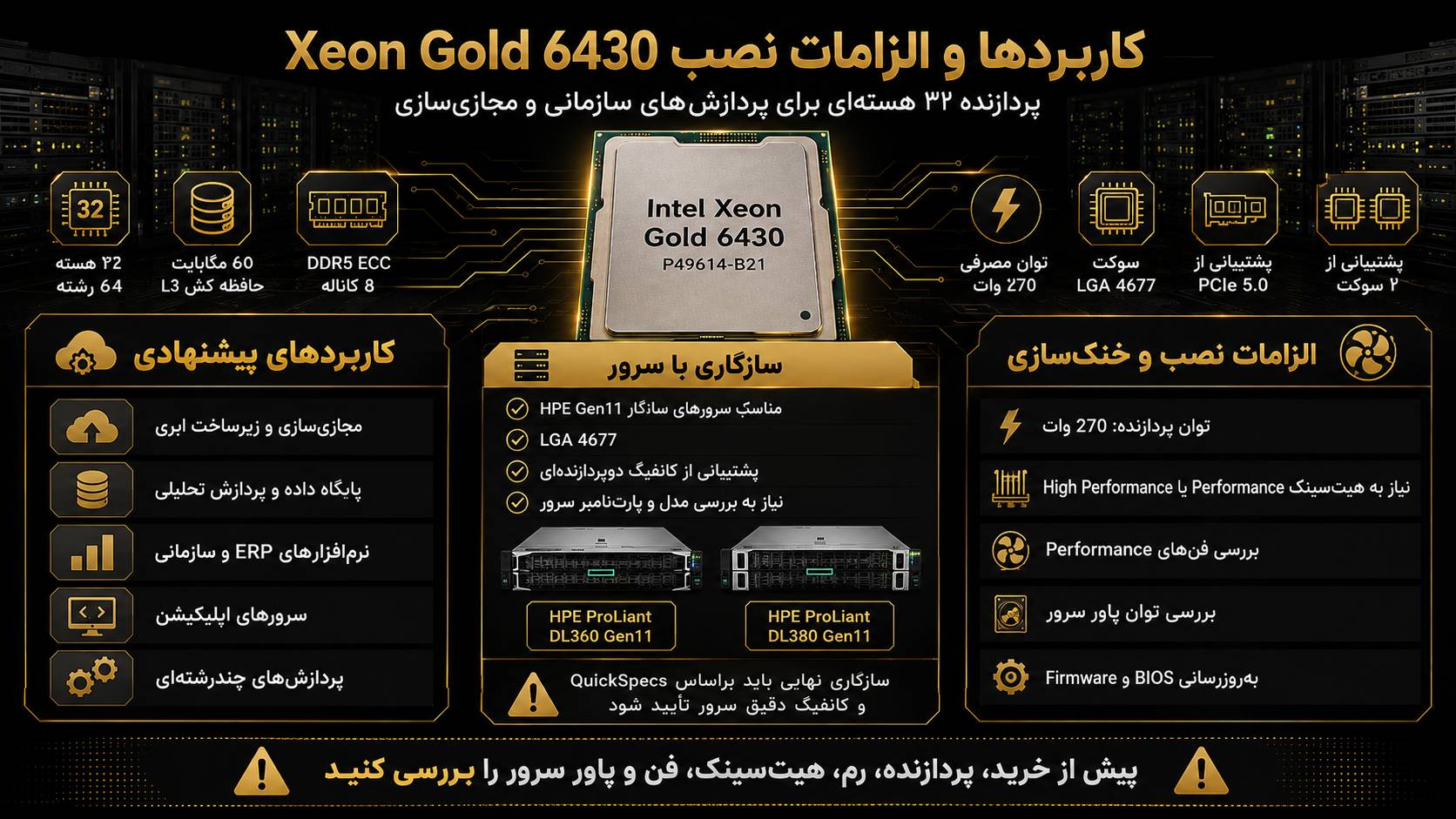 کاربردهای پیشنهادی سی پی یو سرور HPE Intel Xeon Gold 6430 2.1GHz 32core 270W