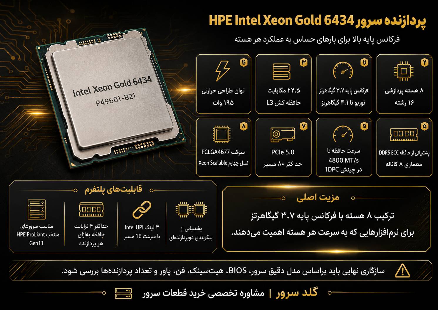 سی پی یو سرور HPE Intel Xeon Gold 6434 3.7GHz 8core 195W