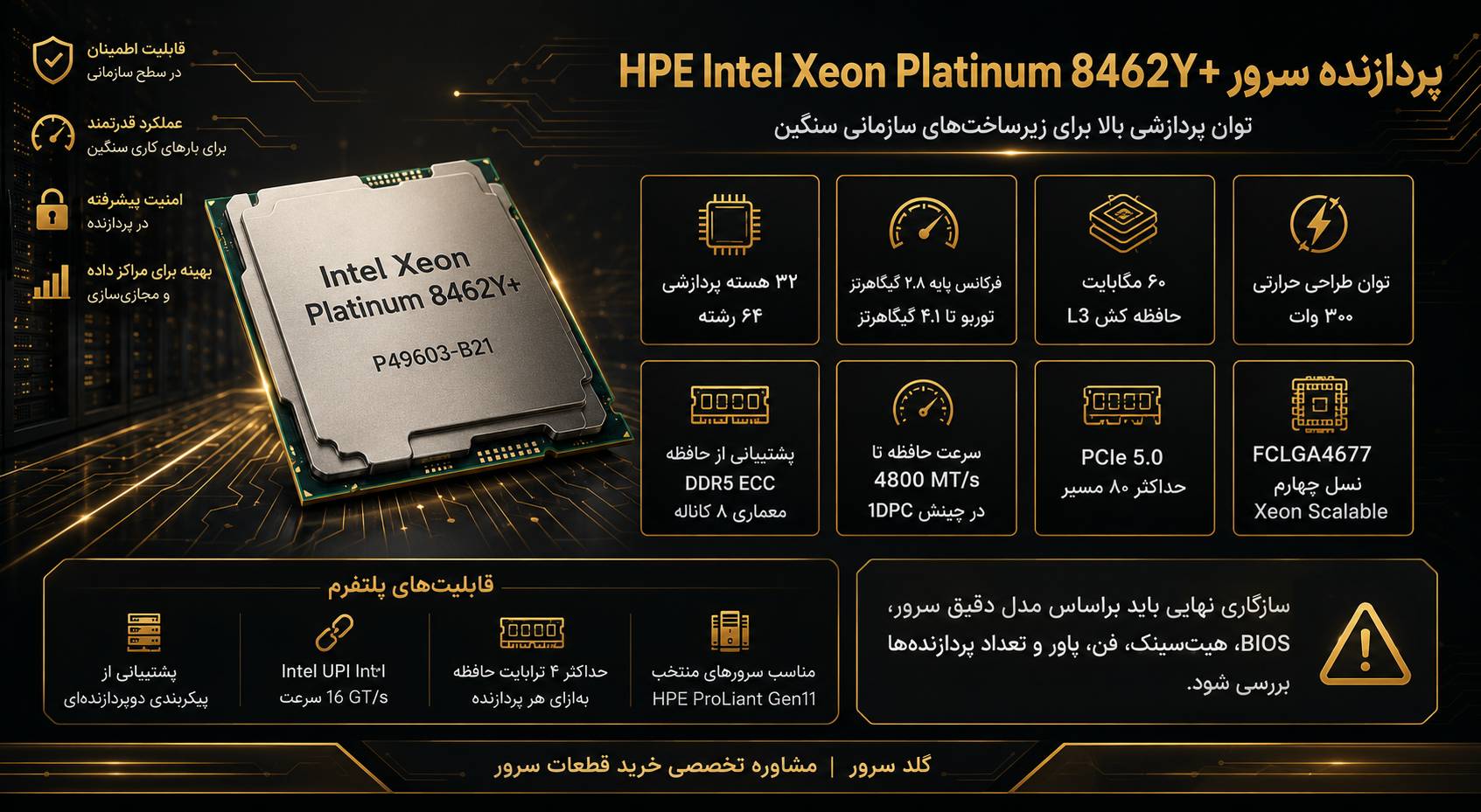 سی پی یو سرور HPE Intel Xeon-Platinum 8462Y+ 2.8GHz 32core 300W