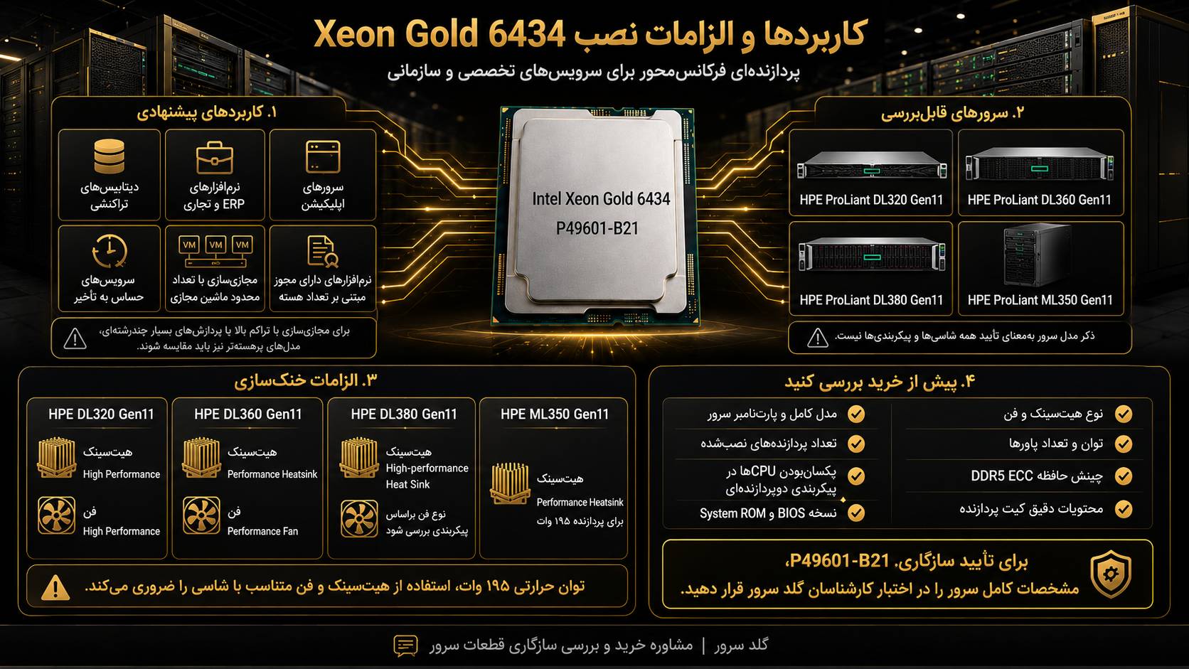کاربردهای پیشنهادی Xeon Gold 6434 در سی پی یو سرور HPE Intel Xeon Gold 6434 3.7GHz 8core 195W