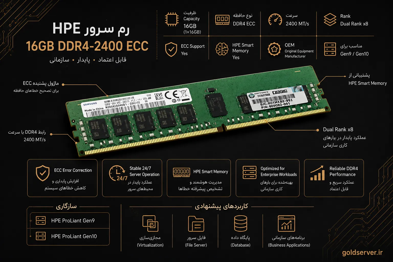 خرید رم سرور HPE 16GB (1x16GB) Dual Rank x8 DDR4-2400 (OEM)