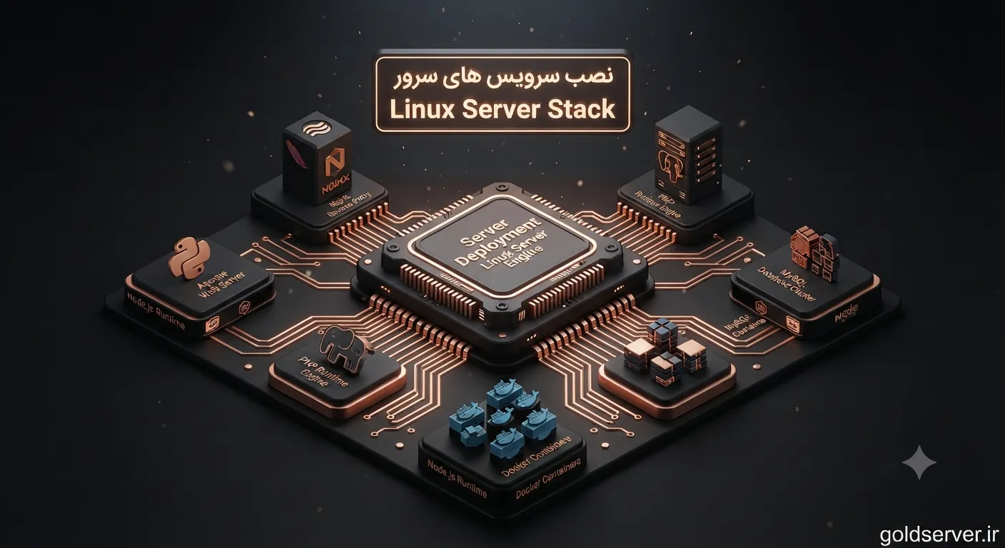 ۱) تصویر شاخص مقاله (Linux VPS Setup) An isometric, matte-black and copper-gold colored, stylized architectural 3D render of a Linux Virtual Server deployment concept. The composition should resemble a premium enterprise motherboard layout, with a massive central Linux VPS Core Processor as the heart of the architecture. Radiating from this processor are perfectly straight glowing copper-gold data channels connecting to multiple symmetrical modules including SSH Gateway, Firewall Shield, Cloud Storage, CPU Cluster, RAM Blocks, SSD Storage, Network Interface and Security Nodes. The entire scene should communicate enterprise infrastructure, performance, scalability and cybersecurity. Floating above the architecture is a glowing illuminated Persian text followed by English reading "راه اندازی سرور مجازی لینوکس Linux VPS Setup". Below the floating title, engraved on the central processor in precise white-gold typography, are the same labels "راه اندازی سرور مجازی لینوکس Linux VPS Setup". Minimal floating particles, ultra-clean composition, matte black background, cinematic studio lighting, premium depth, ultra detailed, high-resolution vector style render quality. Bottom-right corner contains "goldserver.ir" in crisp white sans-serif font. ۲) اتصال به سرور با SSH An isometric, matte-black and copper-gold colored, stylized architectural 3D render of an SSH Secure Connection architecture. The central structure is a glowing Secure SSH Gateway Core with encrypted copper-gold data streams extending symmetrically toward Terminal, Linux Server, Windows PuTTY Client, macOS Terminal, Authentication Nodes and Network Security Layers. Every connection appears encrypted with futuristic straight copper-gold light channels. Floating above the architecture is glowing Persian text followed by English reading "اتصال SSH به سرور Linux SSH Connection". The same labels are engraved on the central gateway using elegant white-gold typography. Dark matte background, subtle floating particles, enterprise datacenter style, premium cybersecurity visualization, cinematic lighting, ultra detailed vector render quality. Bottom-right corner displays "goldserver.ir". ۳) امنیت سرور لینوکس An isometric, matte-black and copper-gold colored, stylized architectural 3D render illustrating a multi-layer Linux Server Security architecture. At the center sits a large Secure Linux Server Core protected by multiple concentric security rings. Perfectly aligned glowing copper-gold cables connect the core to Firewall Shield Towers, SSH Key Authentication Modules, Fail2Ban Defense Engine, UFW Firewall Nodes, Intrusion Detection Units, Secure Network Gateways and Encrypted Access Controllers arranged symmetrically. The visualization should represent layered cybersecurity with premium enterprise aesthetics. Floating above is illuminated Persian text followed by English reading "امنیت سرور لینوکس Linux Server Security". The same title is engraved on the server core using elegant white-gold typography. Matte black background, soft golden particles, cinematic studio lighting, futuristic datacenter atmosphere, ultra detailed high-resolution vector style render quality. Bottom-right corner contains "goldserver.ir". ۴) نصب سرویسهای سرور (LAMP / LEMP / Docker) An isometric, matte-black and copper-gold colored, stylized architectural 3D render of a Linux Server Software Stack architecture. A massive central Server Deployment Engine connects through glowing copper-gold circuits to Apache Web Server, Nginx Reverse Proxy, PHP Runtime Engine, MySQL Database Cluster, Docker Containers, Node.js Runtime and Python Development Modules arranged in perfect symmetry like components on a high-end motherboard. The architecture should clearly visualize modern backend infrastructure and application deployment. Floating above the scene is illuminated Persian text followed by English reading "نصب سرویس های سرور Linux Server Stack". The same labels are engraved on the central deployment engine in elegant white-gold typography. Premium studio lighting, matte black background, floating particles, enterprise infrastructure visualization, ultra detailed vector style render quality. Bottom-right corner contains "goldserver.ir". ۵) مقایسه انواع سرورها An isometric, matte-black and copper-gold colored, stylized architectural 3D render comparing different server infrastructures. The composition is divided into five symmetrical premium architectural zones connected to one central infrastructure processor. The five surrounding units represent Linux VPS, Physical Server, Home Server, Personal Server and Enterprise Server using unique futuristic server towers connected through glowing copper-gold circuitry. Each server type has distinct architecture while maintaining the same premium motherboard-inspired design language. Floating above the central processor is glowing illuminated Persian text followed by English reading "مقایسه انواع سرورها Server Comparison". Below the floating title, engraved on the processor surface, are the same labels "مقایسه انواع سرورها Server Comparison". Matte black background, subtle floating particles, cinematic lighting, enterprise datacenter aesthetic, ultra detailed, premium high-resolution vector style render quality. Bottom-right corner contains the text "goldserver.ir" in crisp white sans-serif font. این ۵ تصویر تمام مقاله را پوشش میدهند و از نظر رنگ، نورپردازی، زاویه دید، تایپوگرافی و سبک طراحی کاملاً یکپارچه هستند؛ بنابراین خروجی نهایی ظاهر حرفهای و هماهنگی خواهد داشت.